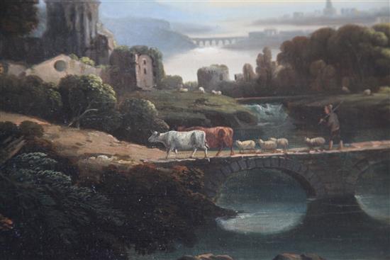 Early 19th century English School River landscape with cattle drover on a bridge 20 x 24in., unframed